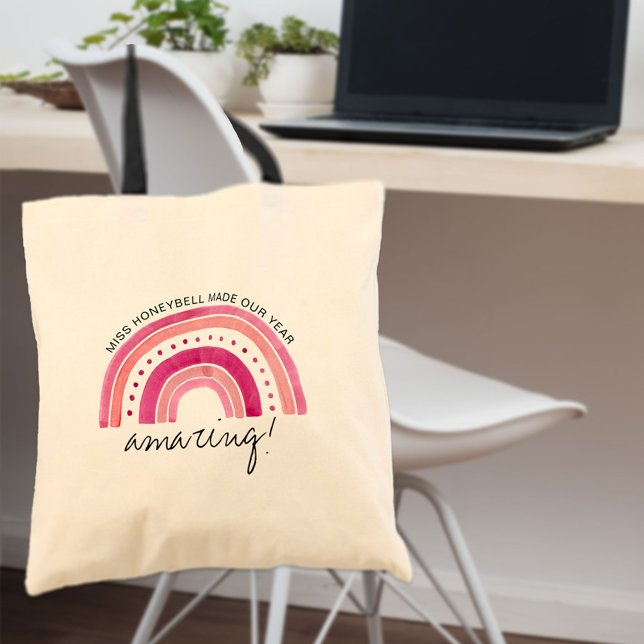 Amazing Teacher Pink Doodle Rainbow Personalized Tote Bag (Creator Uploaded)