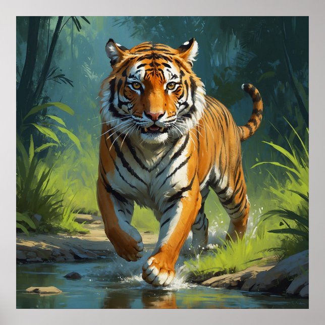 Amazing Tiger Running in the Jungle Painting Poster (Front)