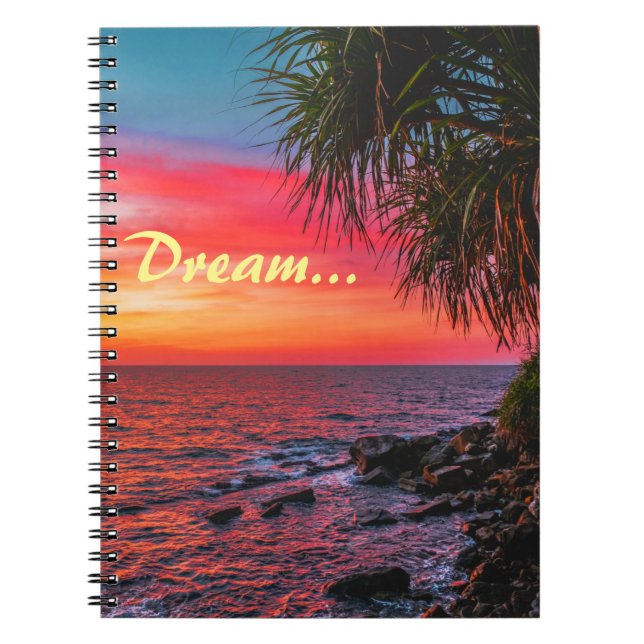 Amazing Tropical Ocean Palm Sunset Dream Notebook (Front)