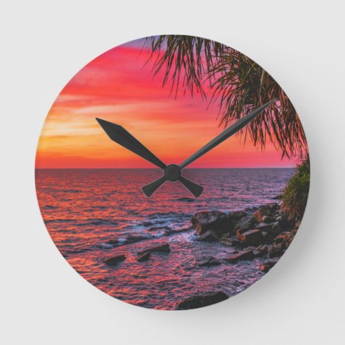 Amazing Tropical Ocean Palm Sunset Dream Round Clock