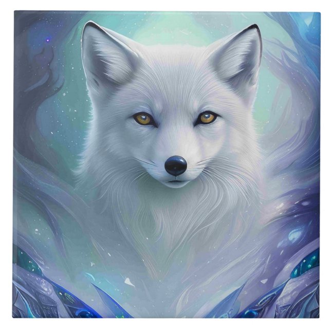 Amazing White Snow Fox on Icy Land Ceramic Tile (Front)