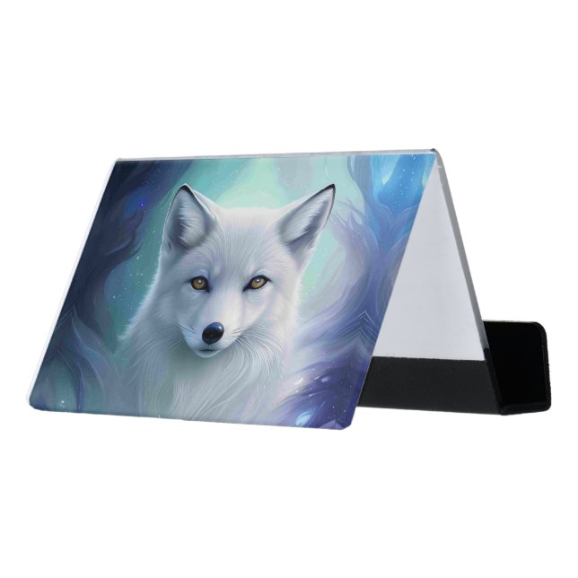 Amazing White Snow Fox on Icy Land Desk Business Card Holder (Angled Back)