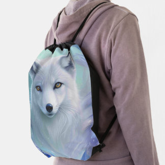 Amazing White Snow Fox on Icy Land Drawstring Bag