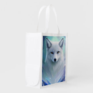 Amazing White Snow Fox on Icy Land Grocery Bag