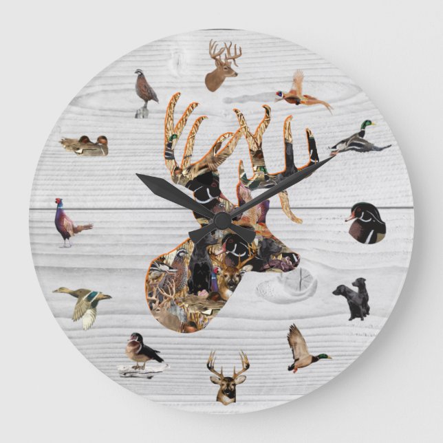 Amazing Wildlife Collage Buck Head Deer Hunting Large Clock (Front)