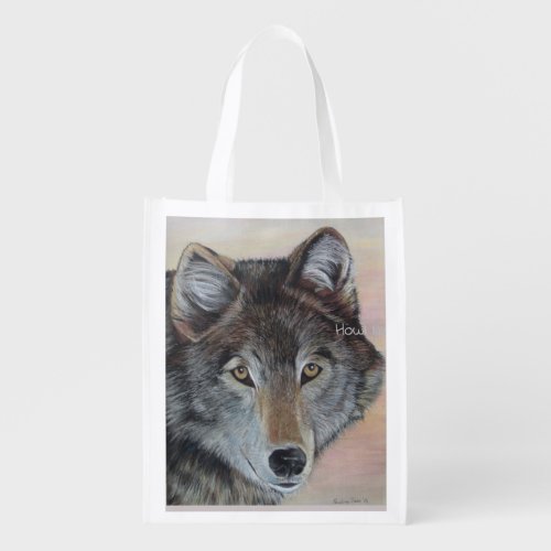 amazing wildlife picture of gray wolf grocery bag