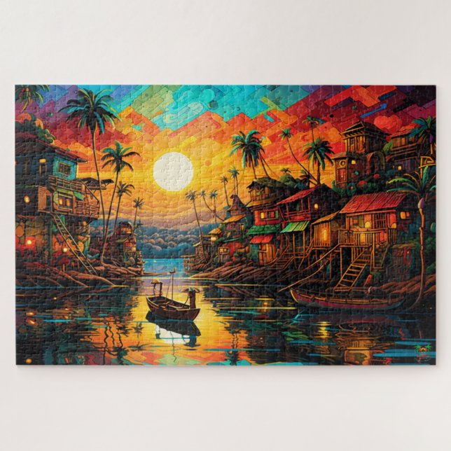 🌅Amazon Fishing Village Sunset Jigsaw Puzzle (Horizontal)