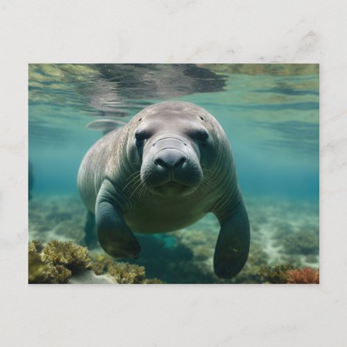 Amazonian Manatee swimming above reef   Postcard