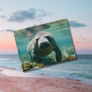 Amazonian Manatee swimming above reef. Postcard