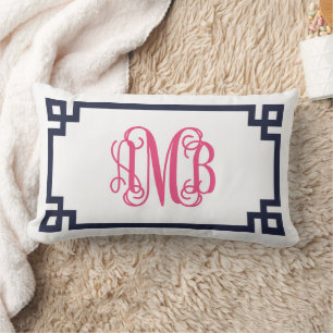 AMB Navy and Pink Greek Key Script Monogram Lumbar Pillow