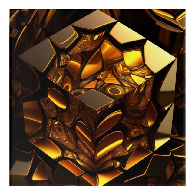 Amber and Gold Geometric Cubes on Deep Black Acrylic Print (Front)