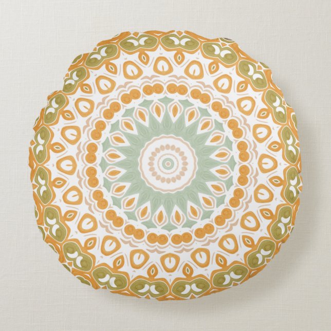 Amber and Olive Radiant Mandala Pattern Round Pillow (Front)