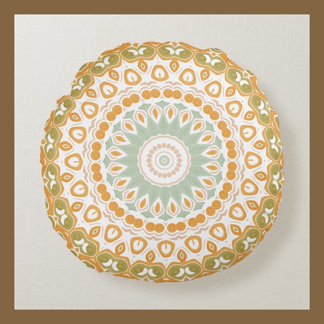 Amber and Olive Radiant Mandala Pattern Round Pillow (Creator Uploaded)