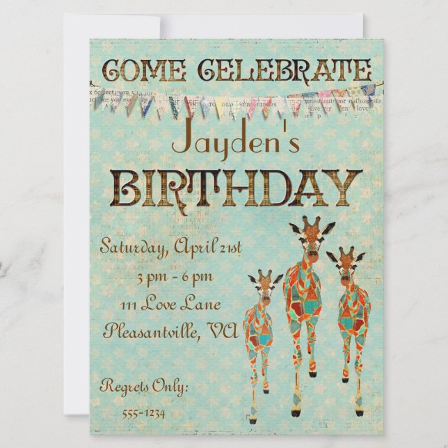 Amber & Azure Giraffes  Birthday Invitation (Front)