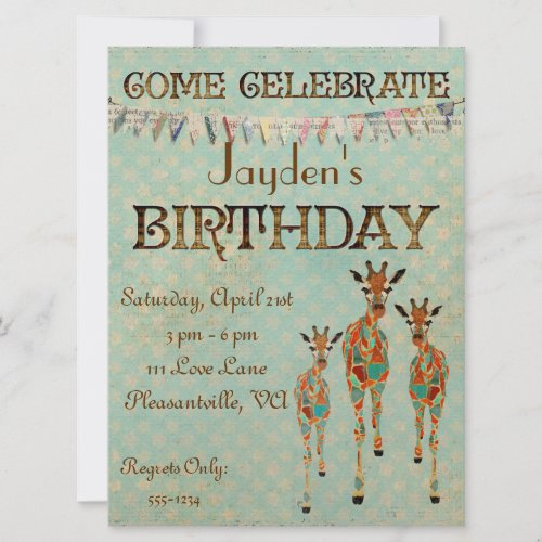 Amber &amp; Azure Giraffes  Birthday Invitation