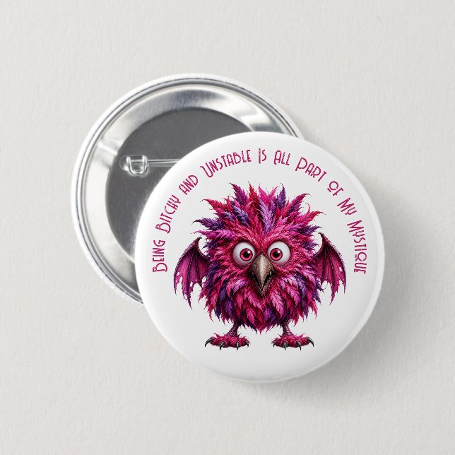 Amber - Big-Eyed Feathered Whimsical Monster  Button (Front & Back)