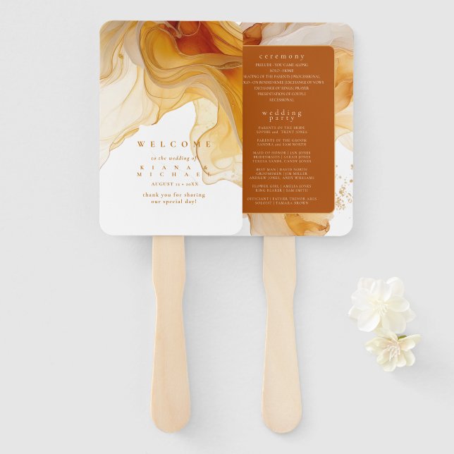 Amber Brandy Abstract Ink Wedding ID1089 Hand Fan (Front and Back)