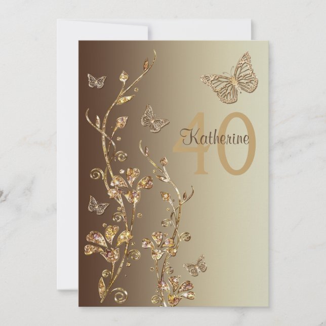 Amber, Brown Flowers & Butterflies 40th Birthday Invitation (Front)