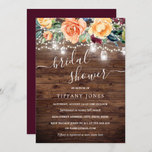 Amber Burgundy Floral Rustic Wood Bridal Shower Invitation