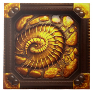 Amber Ceramic Tile with Prehistoric Fossil Design