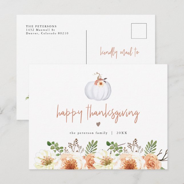 AMBER Fall White Pumpkin and Floral Thanksgiving Postcard (Front/Back)
