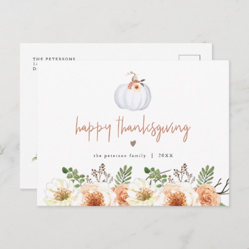 AMBER Fall White Pumpkin and Floral Thanksgiving Postcard