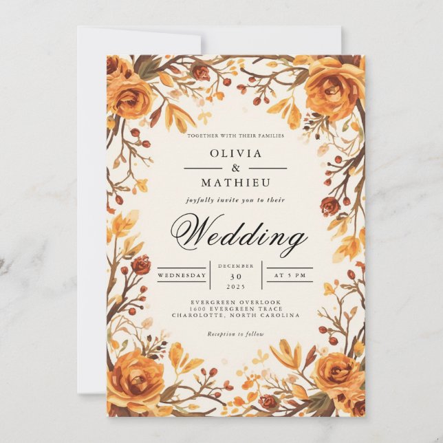 Amber Floral Branch Flourish Wedding Invitation (Front)