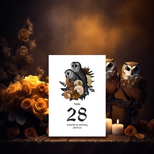 Amber Floral Owls Gothic Wedding Table Number