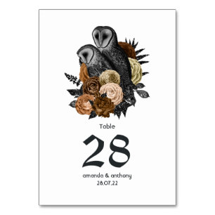 Amber Floral Owls Gothic Wedding Table Number