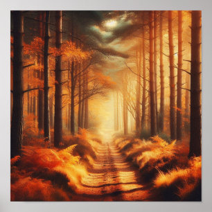 Amber Forest Path with Sunbeams – Autumn Poster
