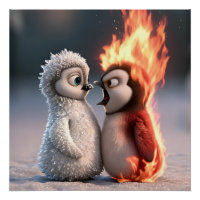 Amber & Frosty Fire and Ice Penguin Poster