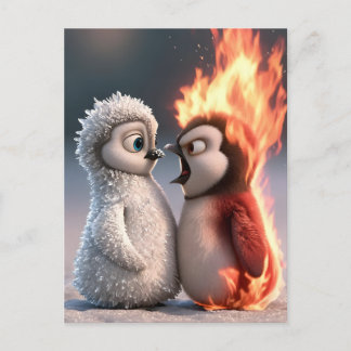 Amber & Frosty Fire and Ice Penguin Poster Postcard