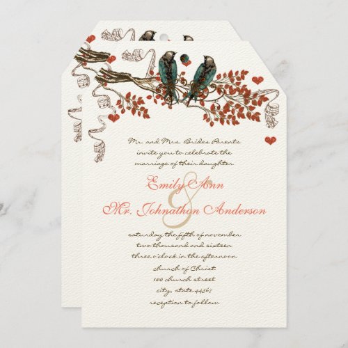 Amber Glow Fall Leaf Love Bird Wedding  Invitation