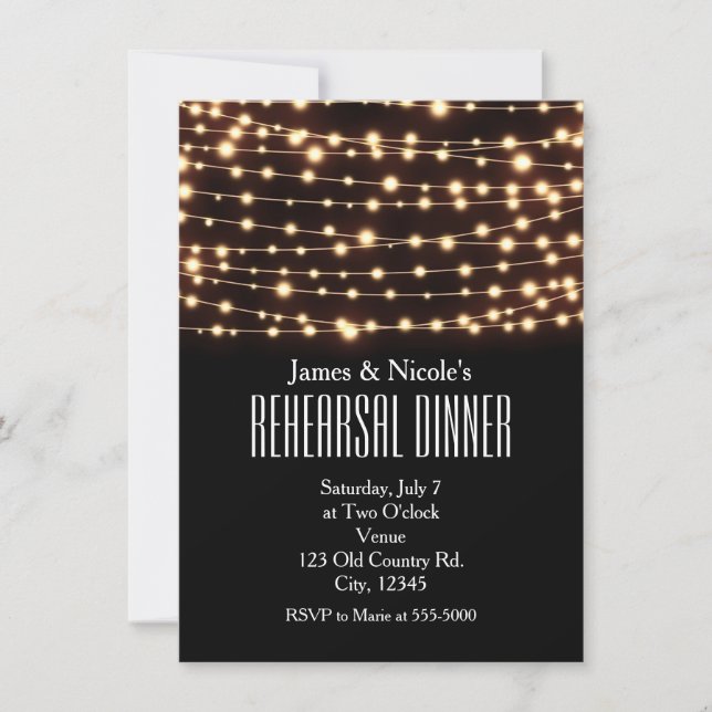 Amber Glow String Lights Rehearsal Dinner Card (Front)