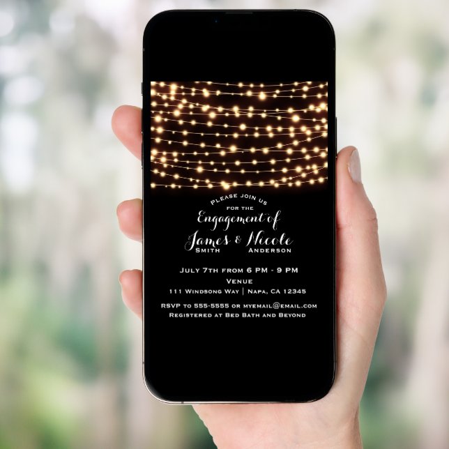 Amber Glow String Lights Rustic Engagement Party Invitation (Front Digital)