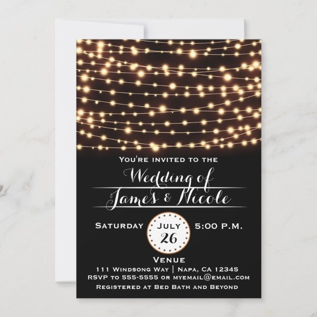 Amber Glow String Lights Rustic Wedding Invitation (Front)