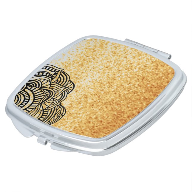 Amber Gold Faux Glitter Black Medallion Makeup Mirror (Turned)