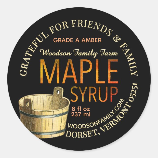 Amber Gradient Maple Syrup Label with Sap Bucket (Front)