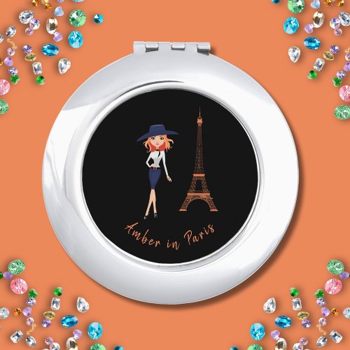 Amber in Paris Stylish Red Hair Blue Hat and Skirt Compact Mirror