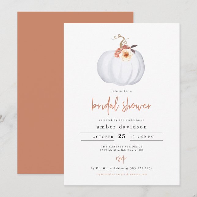 AMBER Modern Rustic White Pumpkin Bridal Shower Invitation (Front/Back)