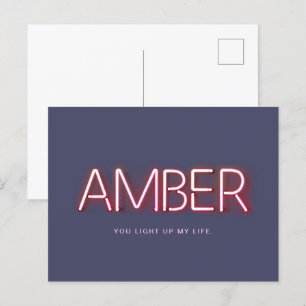 Amber name in glowing neon lights novelty postcard