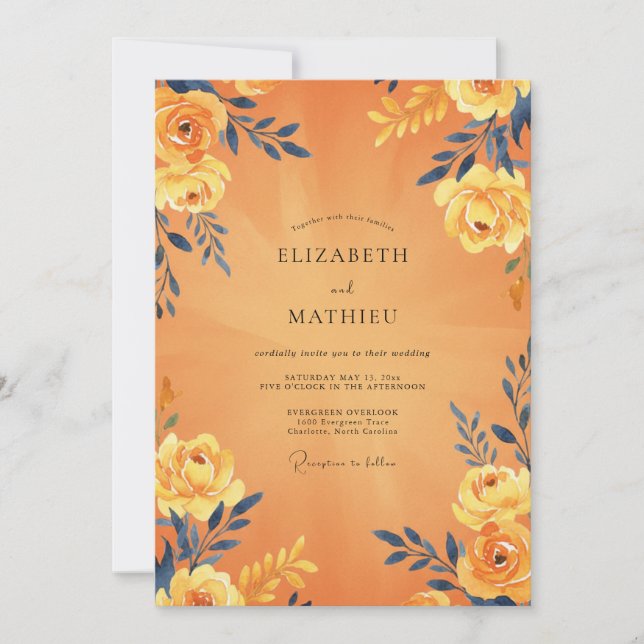 Amber Navy Leaf Wedding Invitation (Front)