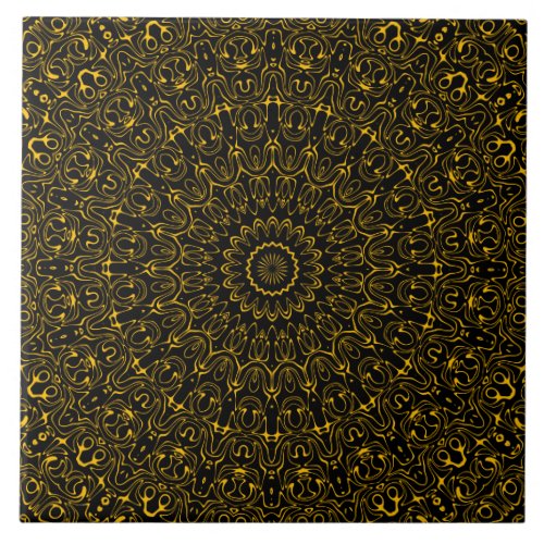 Amber on Black Mandala Kaleidoscope Medallion Ceramic Tile