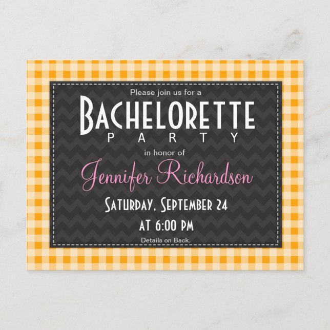 Amber Orange Gingham bachelorette party invitation Postcard (Front)