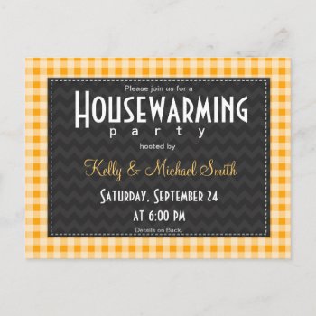 Amber Orange Gingham Housewarming Party Invitation Postcard by Card_Stop at Zazzle