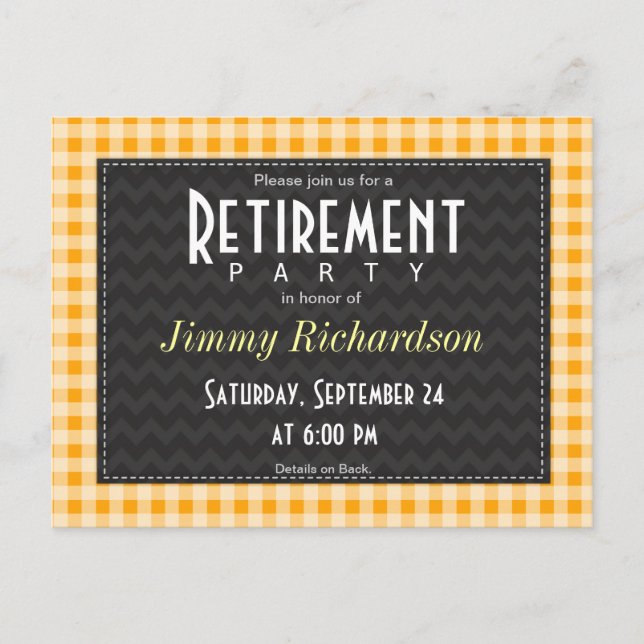 Amber Orange Gingham Retirement Party Invitation Postcard (Front)