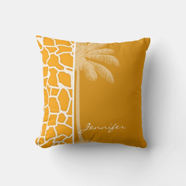 Amber Orange Giraffe Animal Print; Palm Throw Pillow (Front)