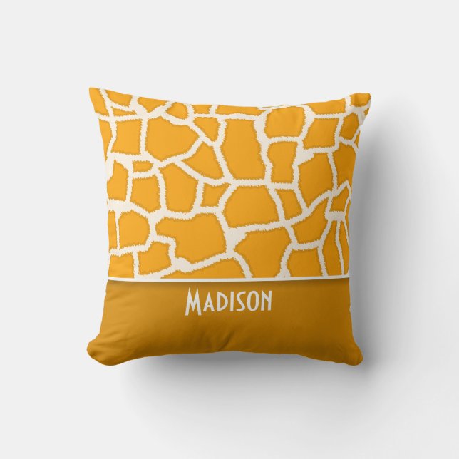 Amber Orange Giraffe Print; Personalized Throw Pillow (Front)