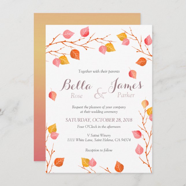 Amber Sky Autumn Leafs Fall Wedding Invitations (Front/Back)