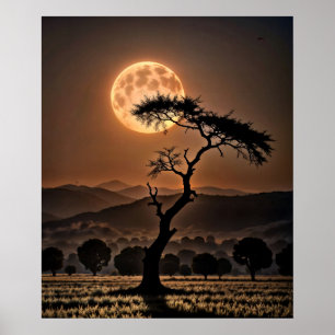 Amber-Toned Surreal Landscape with Full Moon Poster